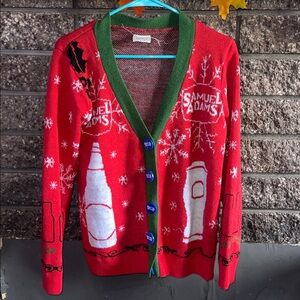 EUC Samuel Adams Beer Ugly Christmas Sweater w/Bottle Top Buttons Holiday Party